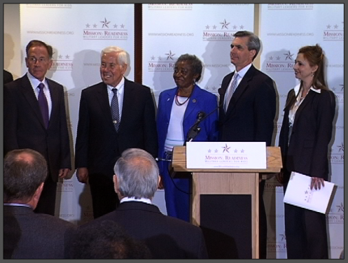 (from left to right) Norman R. Seip, Lieutenant General, US Air Force (Retired), Senator Richard Lugar (R-IN), Clara Adams-Ender, Brigadier General, US Army (Retired), James A. “Jamie” Barnett, Jr., Rear Admiral, US Navy (Retired), and Mission: Readiness National Director, Amy Dawson Taggart at a press conference releasing Too Fat to Fight, a research report.