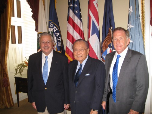 (from left to right) Stuart F. Platt, Rear Admiral, US Navy (Retired), U.S. Senator Daniel Inouye Chair of Senate Appropriations Committee (D-HI), Norman R. Seip, Lieutenant General, US Air Force (Retired).